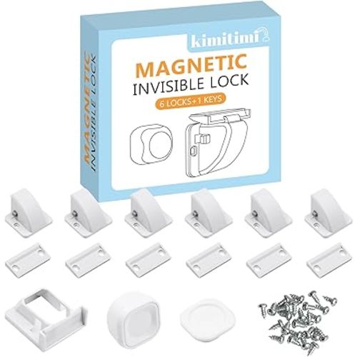 6 Pack Magnetic Cabinet Locks Baby Proofing - Child Safety Cabinet Latch Locks with Adhesive, No Drill or Tools Installation, for Cabinets Drawers Doors