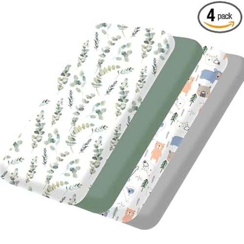 Bimocosy Pack and Play Sheets Fitted 4 Pack, 38 x 26 Inch Pack n Play Mini Crib Sheets for Boys and Girls, Soft Stretchy Playard Mattress Sheets for Graco Pack n Play, Forest Cubs