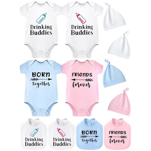 4 Set Baby Boy Girl Twins Bodysuits Set Twins Matching Outfits Includes 4 Pcs Newborn Baby Romper 4 Pack Bibs and Hat for Boy Girl Gifts