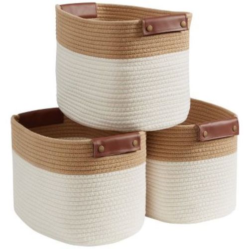 Ornavo Home 3 Pack Cotton Rope Shelf Storage Basket with Faux Leather Handles