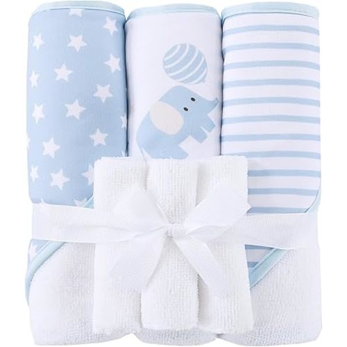 Mooreeke Baby Towel with Hood for Boys Blue Elephant Bath Towel for Babies Ultra Soft Absorbent 3 PCS Baby Towels and 3 PCS Washcloths for Newborn Essentials