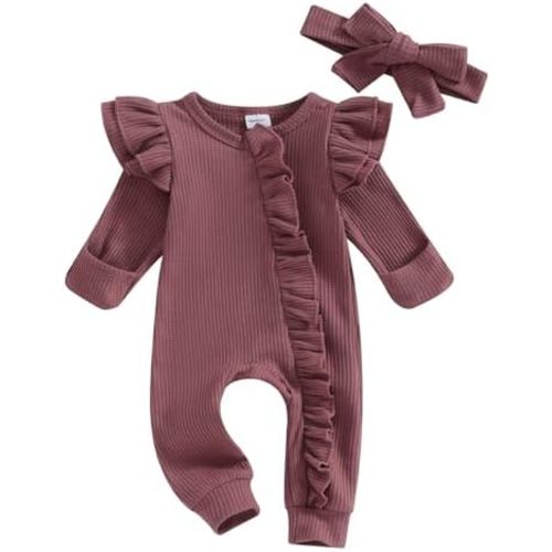 YINGISFITM Baby Girl Romper Newborn Coming Going Home Outfit Winter Fall Baby Clothes Waffle Knit Onesie Ruffle Jumpsuit