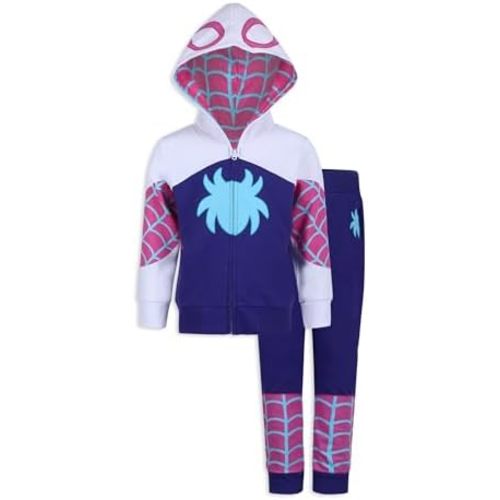 Marvel Girls Spider-Gwen Ghost Spider Zip Up Hooded Sweatshirt and Pants Set for Toddler and Big Kids