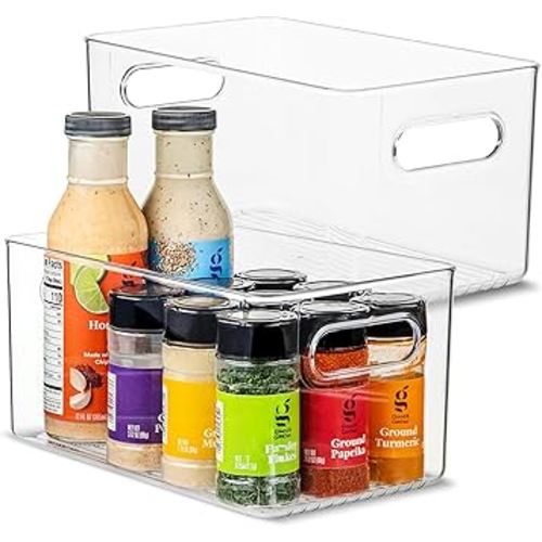 Plastic Food Storage 2 Pack Clear Container Bin with Handles for Organizing Kitchen, Pantry, Refrigerator, Freezer, Pantry, Cabinet, Closet, Bathroom. 10”x6”x5”