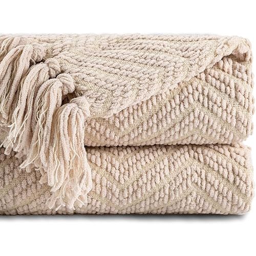 BATTILO HOME Beige Throw Blanket for Couch, Knitted Beige Throw for Bed, Neutral Throw Blankets Tan Throw Blanket for Room Decor Housewarming Gifts, 50" x 60"