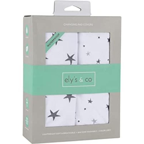 Ely’s & Co. Patent Pending Waterproof Changing Pad Cover|Cradle Sheet 2-Pack Set for Baby Boy - 100% Cotton, Jersey Knit Cotton Sheets with Waterproof Lining — Grey Stars