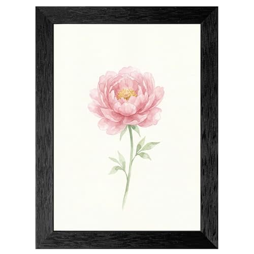 Framed Watercolor Blush Pink Peony Wall Art - Elegant Floral Print in Textured Black Frame - Minimalist Botanical Home Decor for Bedroom and Living Room - Shabby Chic Aesthetic - 12x16 Inch