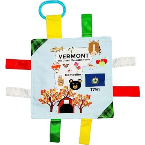 Baby Jack & Co 8x8” Learning Lovey Vermont State Tag Stroller Toy for Babies - Crinkle Toys for Developing Five Senses - Learn About Capitals - Travel with Baby Jack - BPA Free Clip