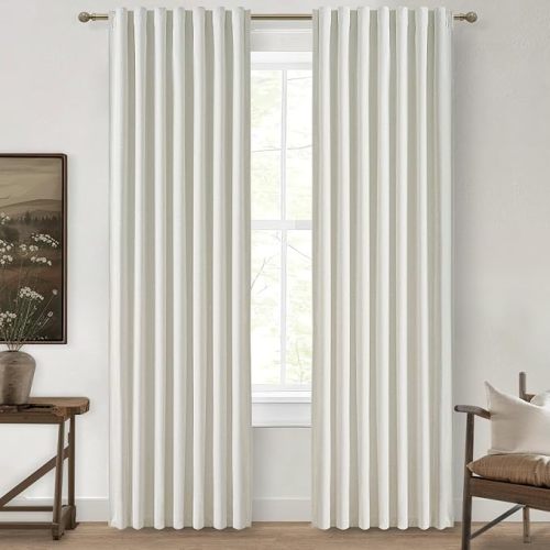 Natural Linen 86 Inch 100% Blackout Curtains for Bedroom, Pleated Heading Tape Ring Clips Back Tab Thermal Custom Made Window Curtains Living Room Modern Farmhouse (100 Wide Total, Each W50"x2Pcs)