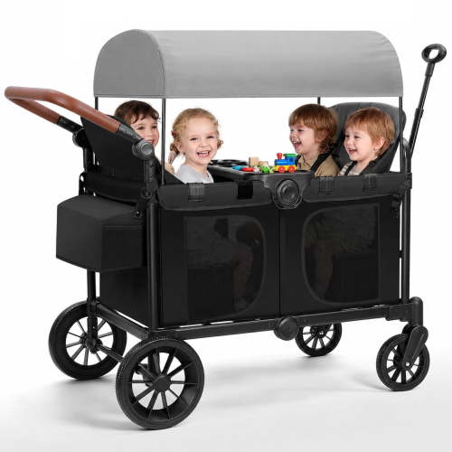 Bobiber Collapsible Wagon Stroller 4 Seater with 5-Point Harnesses, Canopy, Storage Bag, Adjustable Handlebar, 2 Cup Holders, Grey