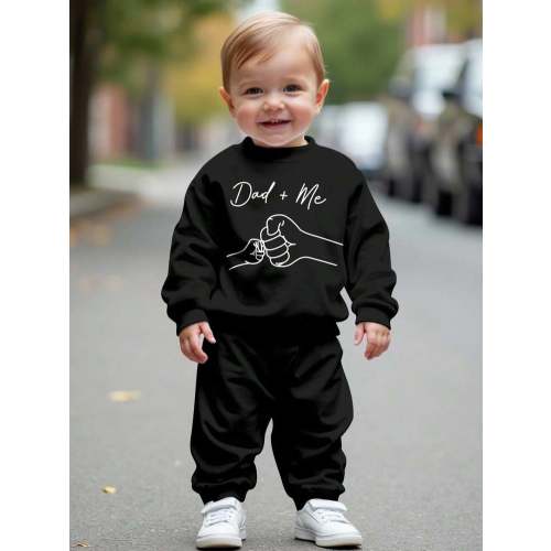 SHEIN Baby Boy Knitted Soft Classic Family Slogan, Dad+Me Fist Bump Print Crew Neck Casual Sweatshirt And Sweatpants Set, Thick For Autumn/Winter Fall | SHEIN USA