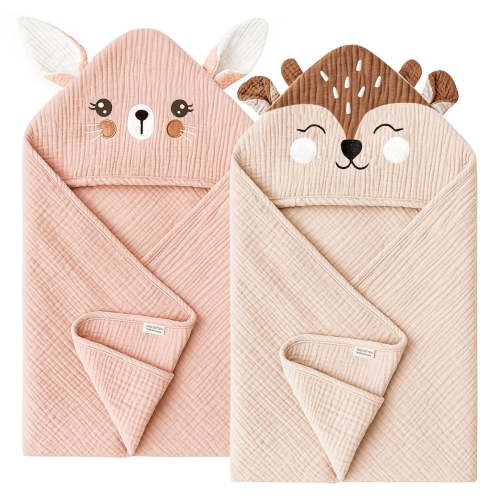 WIBACKER Baby 100% Cotton Muslin Cartoon Hooded Bath 2 Pack-32 x 32 Inches Towels Soft & Absorbent Bath Towel for Newborn Infant Essential Baby Gift