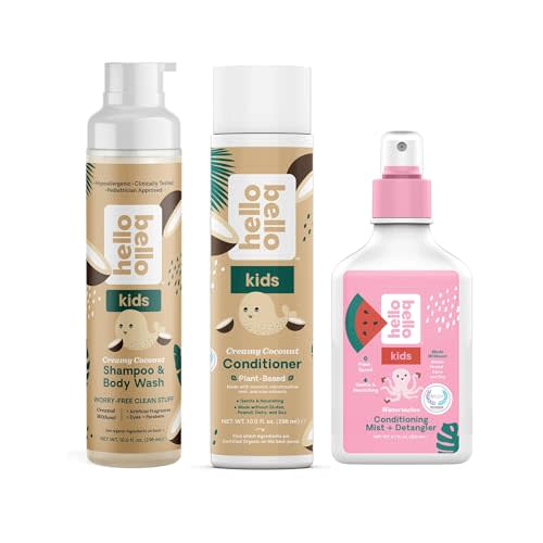 Hello Bello Creamy Coconut Shampoo and Body Wash 10 fl oz, Conditioner 10 Fl Oz, Watermelon Conditioning Mist and Detangler, Gentle, Hypoallergenic, Dermatologist-Tested, Vegan