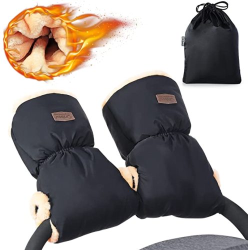 Orzbow Winter Stroller Hand Muff, Warm Artificial Sheepskin Stroller Mittens Gloves, Universal Adults Gloves, Mothers Winter Essential Hand Cover - Extra Thick, Waterproof, Black