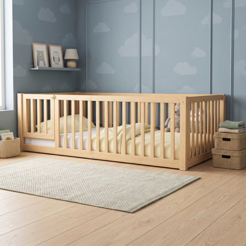 Ebern Designs Wooden Floor Bed Bed with Safe Low Profile Design and Removable Door | Wayfair
