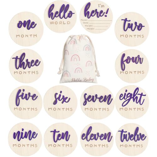 7 Pack 3D Baby Monthly Milestone Card Signs Baby Announcement Sign Double Sided Hello World Newborn Signs Wooden Circles Discs for Welcome Newborn Shower Boy Girl Photo Props(Purple)