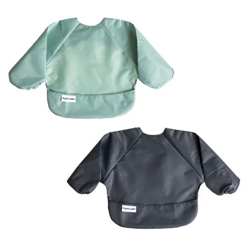 Mess-proof Full Sleeve Bib 2 Pack - Sage / Charcoal