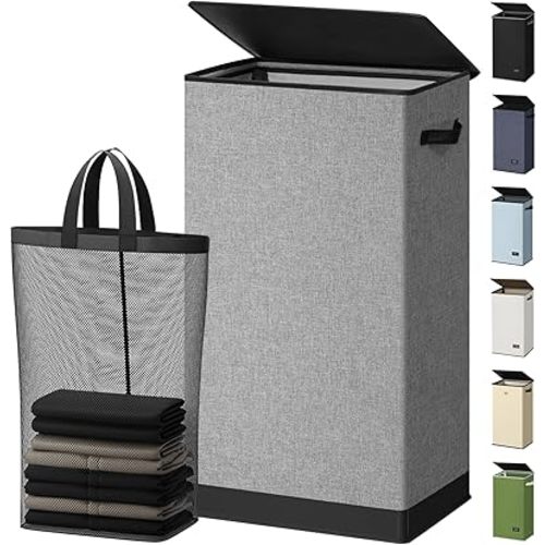 SOLEDI Laundry Hamper with Lid 100L Large & Tall Collapsible Laundry Basket, Clothes Hamper with Bag Removable Easy to Carry, Dirty Hampers for Bedroom, Bathroom, Dorm, College, Grey