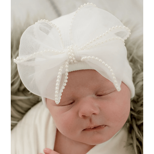 Newborn Hospital Hat: Chiffon Bow with Pearl Trim