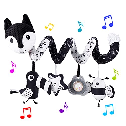 HILENBO Car Seat Toys, Infant Baby Black Fox Spiral Plush Activity Hanging Toys for Car Seat Stroller Bar Crib Bassinet Mobile with Music Box BB Squeaker and Rattles(Black)