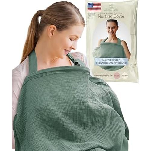 Kiddycare Nursing Cover, Muslin Cotton Privacy Nursing Covers, Gentle on Baby's Skin, Discreet Breastfeeding Covers for Nursing Moms, Breathable Nursing Cover Up for Breastfeeding Essentials (Basil)