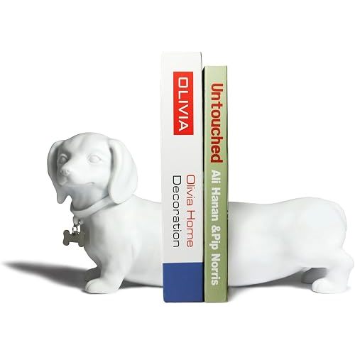 Danya B. Decorative Dachshund Bookend Set in White, Great Gift for The Dog Fan, Home or Office Bookcase Décor, Display Shelves or for Pet Store Owner or Groomer