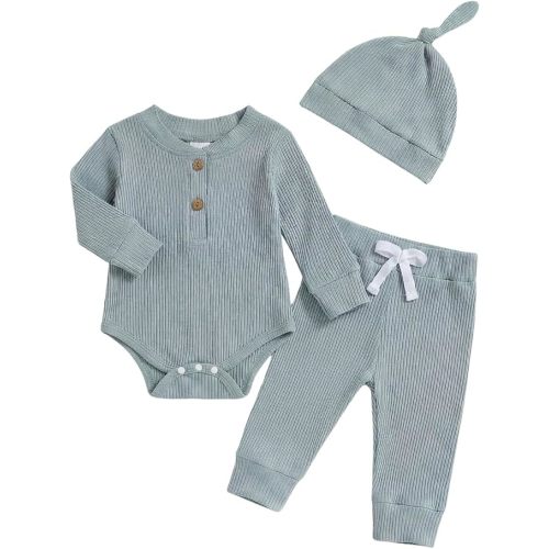 Newborn Baby Boy Clothes Long Sleeve Ribbed Bodysuit Pants Hat 3-Piece Outfit Set