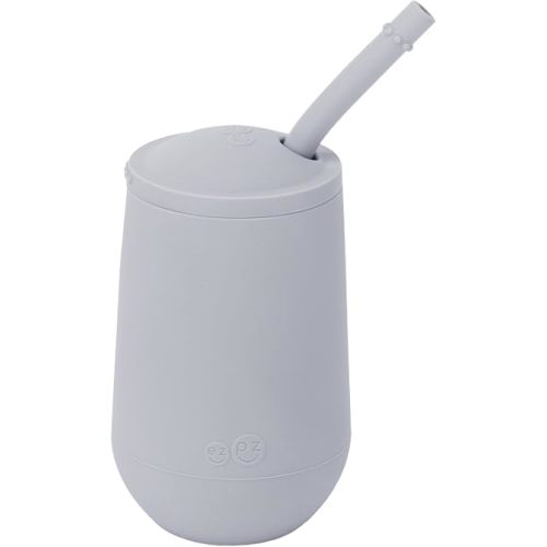 ezpz Happy Cup + Straw System (Pewter) - 24 months+ - 100% Silicone Cup + Straw for Older Toddler + Preschoolers - Designed by a Pediatric Feeding Specialist