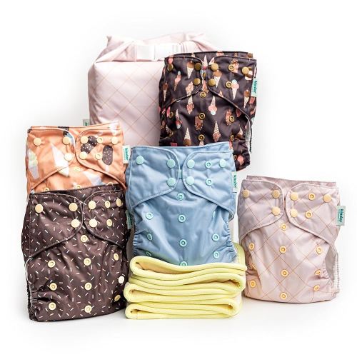 Ice Cream Treat Kinder Cloth Diapers Set of 5 Reusable Baby Diapers Pocket Style Athletic Wicking Jersey, Bamboo Viscose Inserts, Wet Bag, Newborn to Potty Training 7-60lbs, Neutral Simple