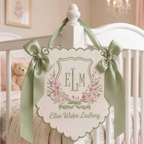 Personalized Embroidered Baby Name Banner, Custom Monogram Nursery Pennant, Hospital Door Announcement, Newborn Nursery Decor Gift
