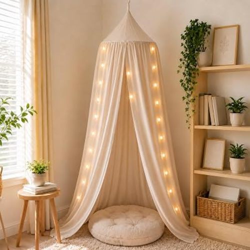 3 Pcs Reading Nook Set with Canopy Tent, Floor Cushion and Star Light,Beige