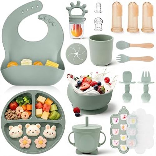 17 Pcs Silicone Baby Feeding Set, Baby Led Weaning Supplies - Suction Plate, Bowl, Bib, Sippy Cup, Fruit Feeder, Freezer Tray, Bear Training Utensils