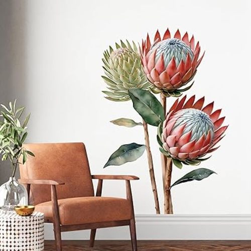Large Pink Blue Floral Wall Decals Peel and Stick Vintage Big Flower Wall Sticker 47.2" H x 31.5" W Boho Wall Decor 3D Protea Flower Sticker Art for Bedroom Livingroom Bathroom Nursery Room Decor