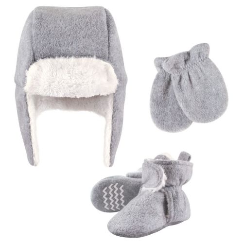 Hudson Baby Unisex Baby and Toddler Trapper Hat, Mitten and Bootie Set, Heather Gray, 6-12 Months