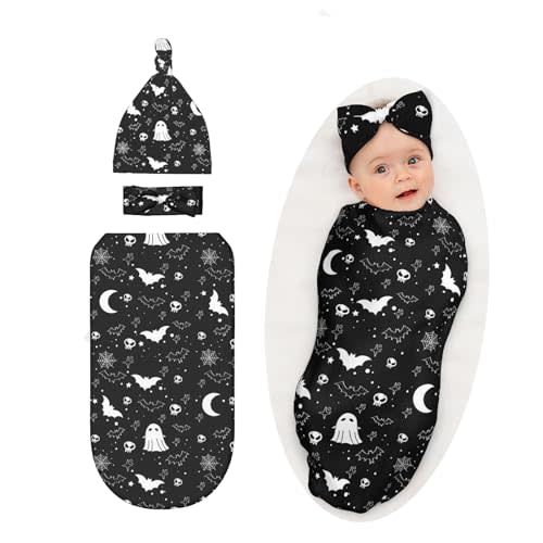 Gothic Halloween Swaddle Blanket with Headband and Beanie Set, Goth Baby Stuff Receving Blanket Infant Shower Gift for Boys Girls