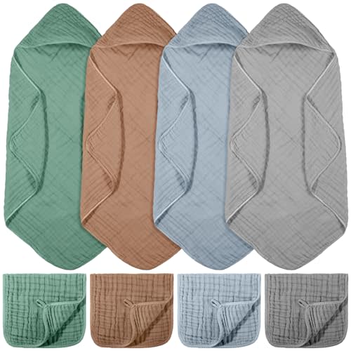 8 Pcs Muslin Hooded Baby Bath Towel and Washcloth Set,Modern Style | Newborn Towels, Soft Cotton, Infant Bath Essentials, Absorbent for Baby Shower Gifts