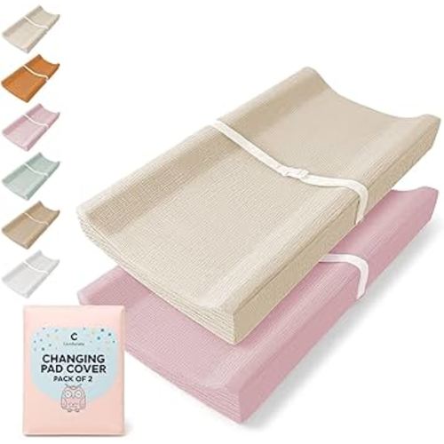 Muslin Changing Pad Cover 2 Pack, Soft Baby Changing Pad Covers, Stays in Place, Fits Standard 32x16 Inches Changing Pads, No Shrink, Perfect for Baby Girls (Dusky Pink & Beige)