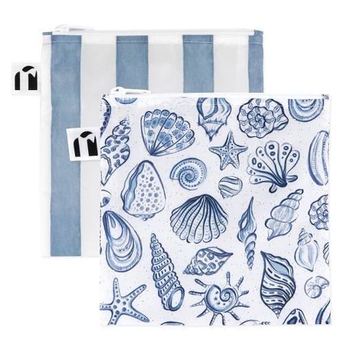 Bumkins Roamio Reusable Sandwich and Snack Bags, for Kids School Lunch and for Adults Portion, Washable Fabric, Waterproof Cloth Travel Pouch, Food-Safe, Large 2-pk Nautical Stripe and Blue Shells