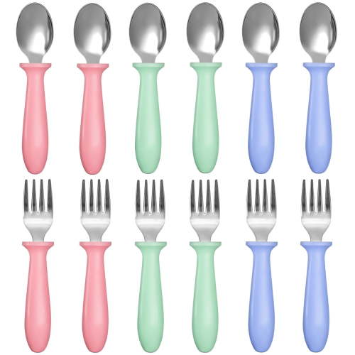 SUMAJU, Toddler Silverware Set 12 Pieces, Plastic Handle Stainless Steel, Dishwasher Safe