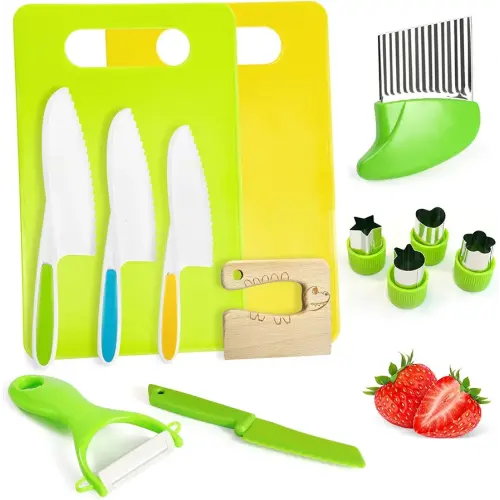 Chanking 13 Pcs Montessori Kitchen Tools for Toddlers Kids Cooking Sets Safe Knife Set for Real Cooking Include Toddler Knives Cutting Boards Sandwich Cutters Peeler for Birthday