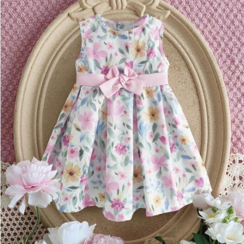 Souflis Souflis Baby Girl Spring/Summer Floral Watercolor Print Cinched Waist Bow Sleeveless Princess Dress, Elegant For Outings, Picnics, Afternoon Tea, Parties, Birthday, 0-3 Years Old | SHEIN USA