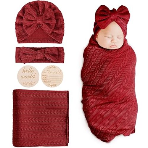 DRESHOW BQUBO Baby Swaddle Blankets for Girls, 4PCS Newborn Accessories Set with Matching Hat and Bow Headband with Hello World Wooden Birth Announcement Card
