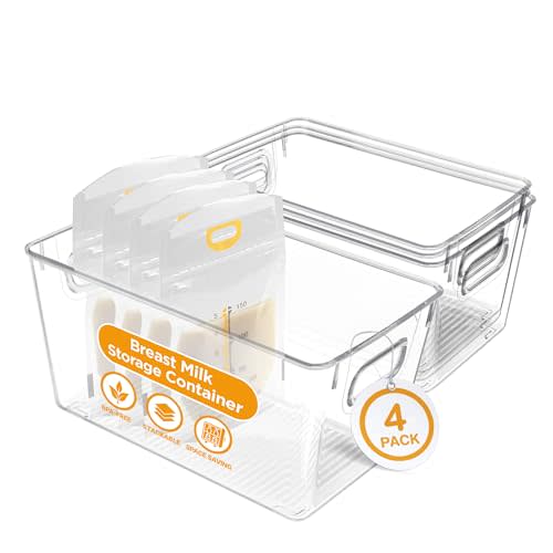 Priver - Breast Milk Freezer Storage Containers, 4 pack - Breastfeeding Essential in Organization and Storage for Milk & Baby Bottles, Reusable Freezer Organizer Bins, 5.2’’ W x 9.3" L x 4.2" H