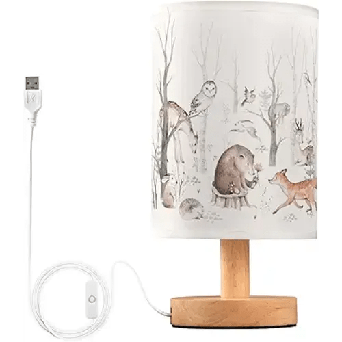 Woodland Animal Bear Fox Deer Owl Hedgehog Bird Bunny Forest Tree Table Lamp with Wood Base Fabric Lamp Shade Bedside Nightstand Desk Lamp for Living Room Bedroom Kids Room Office