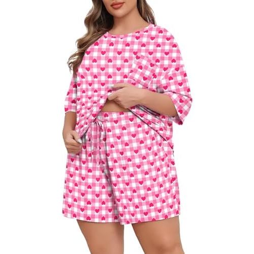 Lastshe Womens Plus Size Pajama Set 2 Piece Soft Short Sleeve with Pockets Summer Shorts Sleepwear Knit Pjs Lounge Set