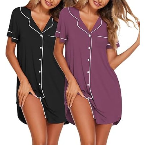 Ekouaer Nightgowns for Women 2 Pack Button Down Sleepwear Short Sleeve Sleepshirts Soft Nightshirts Boyfriend Pajama Dress