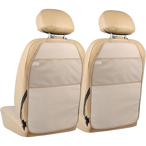 Car Seat Protector Large Kick Mat 2 Pack Durable Water Resistant Auto Seat Back Covers with 2 Mesh Pockets Protection Against Dust Mud Scratches (Beige-A, 2-Pack)