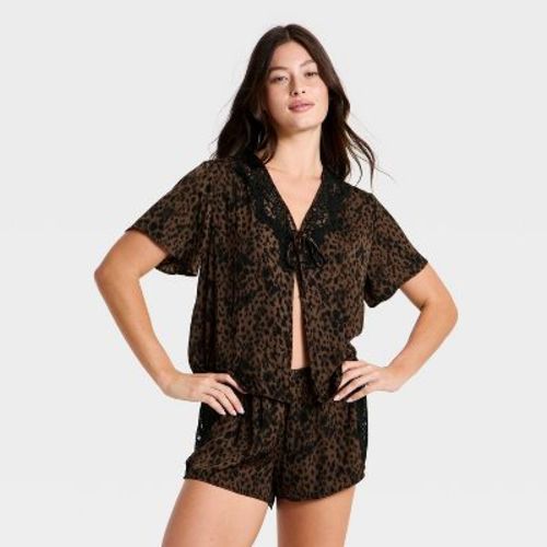 Women's Lace Trim Satin Fly Away Top and Shorts Pajama Set - Auden™ Brown M