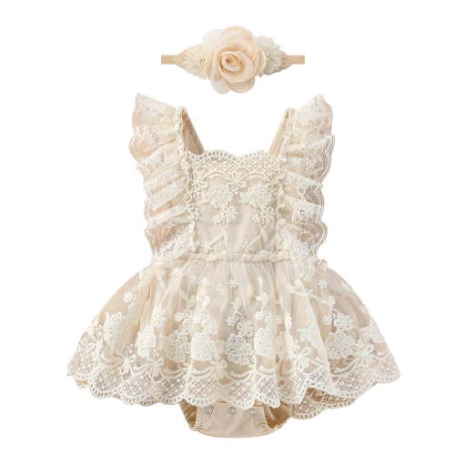 Ibtom Castle Baby Girls Lace Bodysuit Boho 1st Birthday Cake Smash Outfit Summer Sunsuit 3-6 Months Apricot Lace