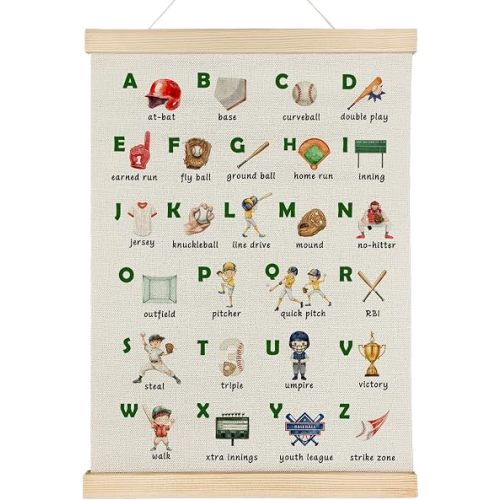 Qvapt Baseball Alphabet Wall Art Poster Hanger Frame, Vintage Sports ABC Educational Wall Art With Wooden Poster Hanger for Kids Boys Room Bedroom Playroom Classroom Decorations, 12x16 Inch